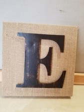 Metal on Burlap Frame Alphabet Letter Initial E Wall Hanging Shelf Mantel Decor