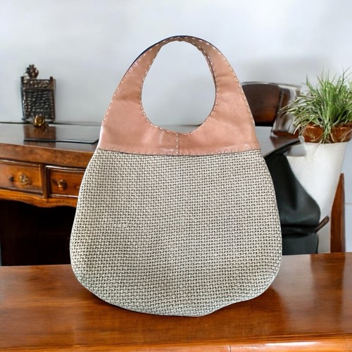 Adrienne Vittadini Brown Tan Straw Like Hobo Bucket Bag Shoulder Purse Boho