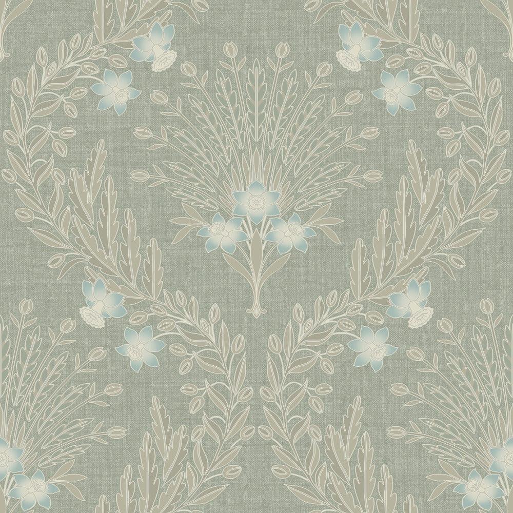 Grandeco Flora Sage Green Blue Wallpaper Flowers Nature Modern Textured