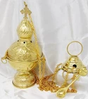 Orthodox Polished Brass Thurible Cross Top Spoon and Censer for Church 8.5 In