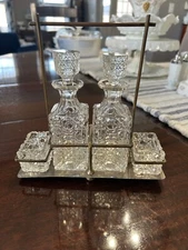 Vintage Etched Glass 6 Piece Cruet Open Salt Condiment Set Silver Plate Caddy