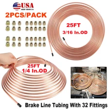 2X Iron Copper Brake Line Tubing Kit 3/16" 1/4" OD 25 Foot Coil Rolls + Fittings