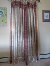 ORNATE 4 SHEER BURGUNDY GOLD 58"X88" PANELS CURTAINS & 3 60" VALANCES W/ BEADS