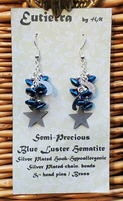 Eutierra Semi-Precious Blue Luster Hematite Earrings Hand Crafted In USA 2 1/4''