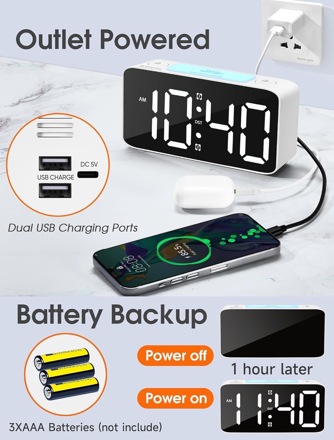 Stylish Digital Alarm Clock for Adults & Kids - Super Loud Alarm and USB Charge