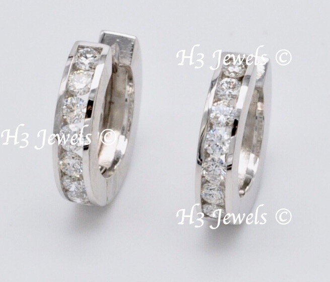 14k Solid White Gold Natural Diamond  huggie hoop earring  1.00  channel set