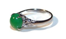 Gorgeous Green JADE 18K White Gold Diamonds Ring Size 6 Jewelry 750