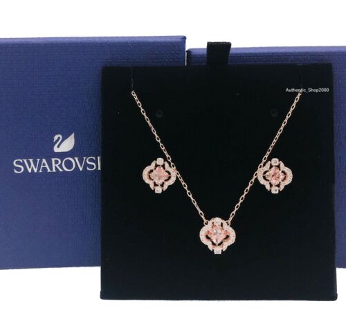 SWAROVSKI Rose Gold Sparkling D Pink Clover Necklace Earrings 