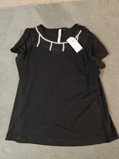 NY Collection Women's Short Sleeve With Mesh Insets Top Black Size PXL
