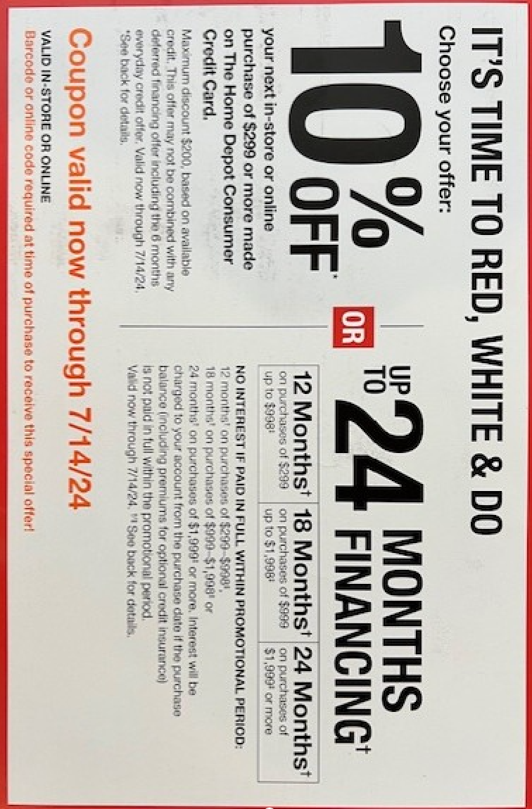 HOME DEPOT COUPON 10 OFF or 0 SPECIAL FINANCING ONLINE IN STORE EXP