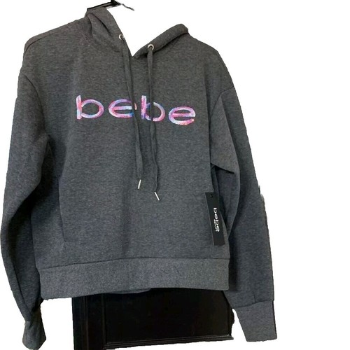 BEBE Women's Sz 3X Gray Rainbow Logo Sequence Cropped Pullover