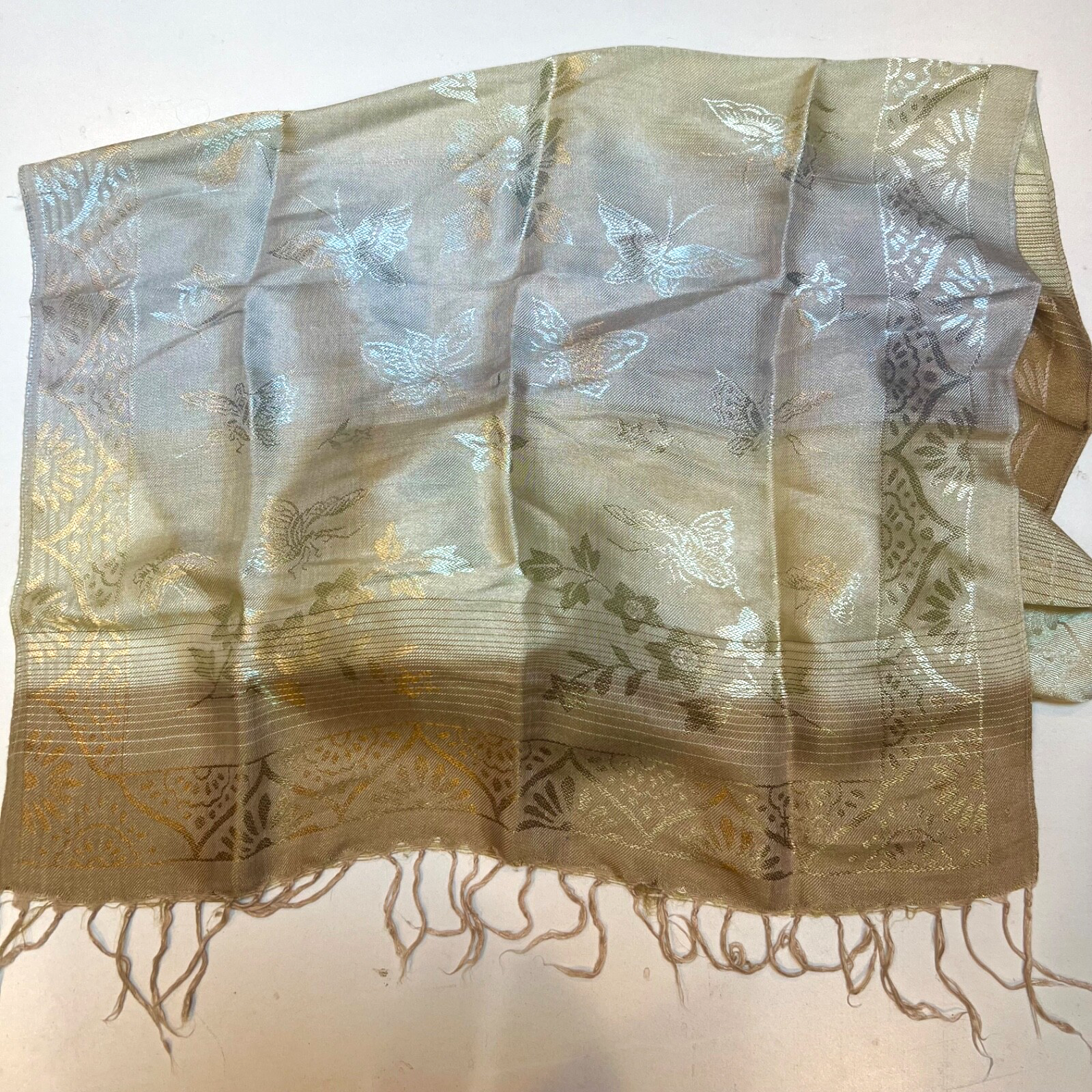 Silver & Gold Cashmere Pashmina Scarf with Butterfly Pattern 70x28 for Women-image