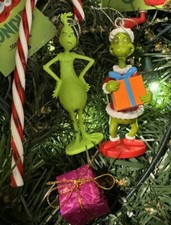 Lot of 2 Regular Santa Grinch Christmas Tree Ornaments NEW w Shiny Present