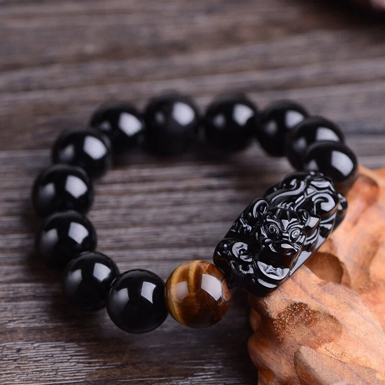 Men's Good Feng Shui Black PIXIU Obsidian Stone Bracelet Wealth Jewelry - Image 2 of 4