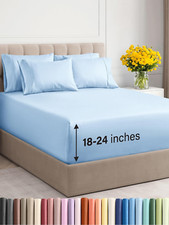 Extra Deep Queen Sheet Set - 6 Piece Cooling Luxury Bedding - Light Blue