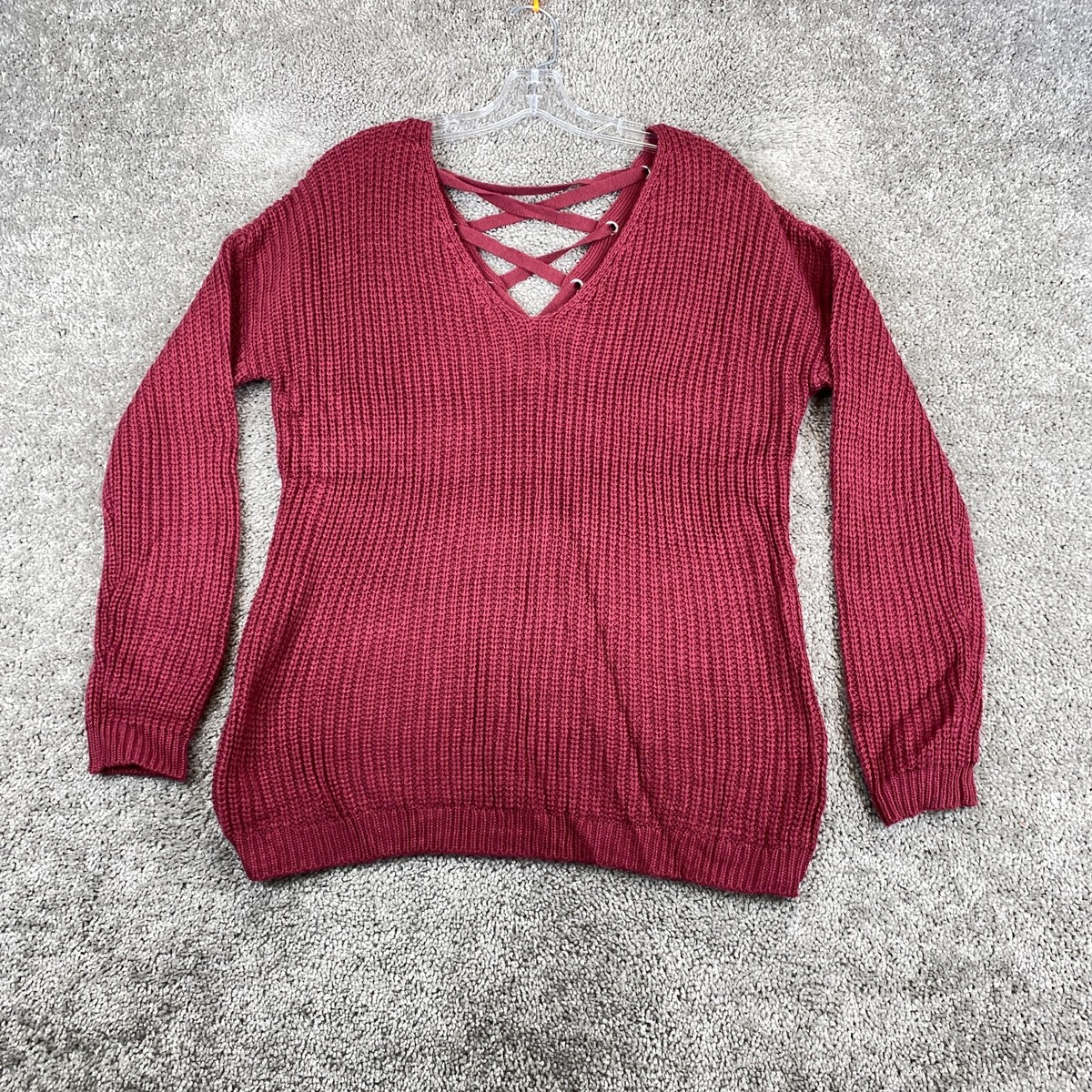 Hippie Rose Knit Sweater Women's Size M Burgundy Long Sleeve V-Neck Lace Up  | eBay