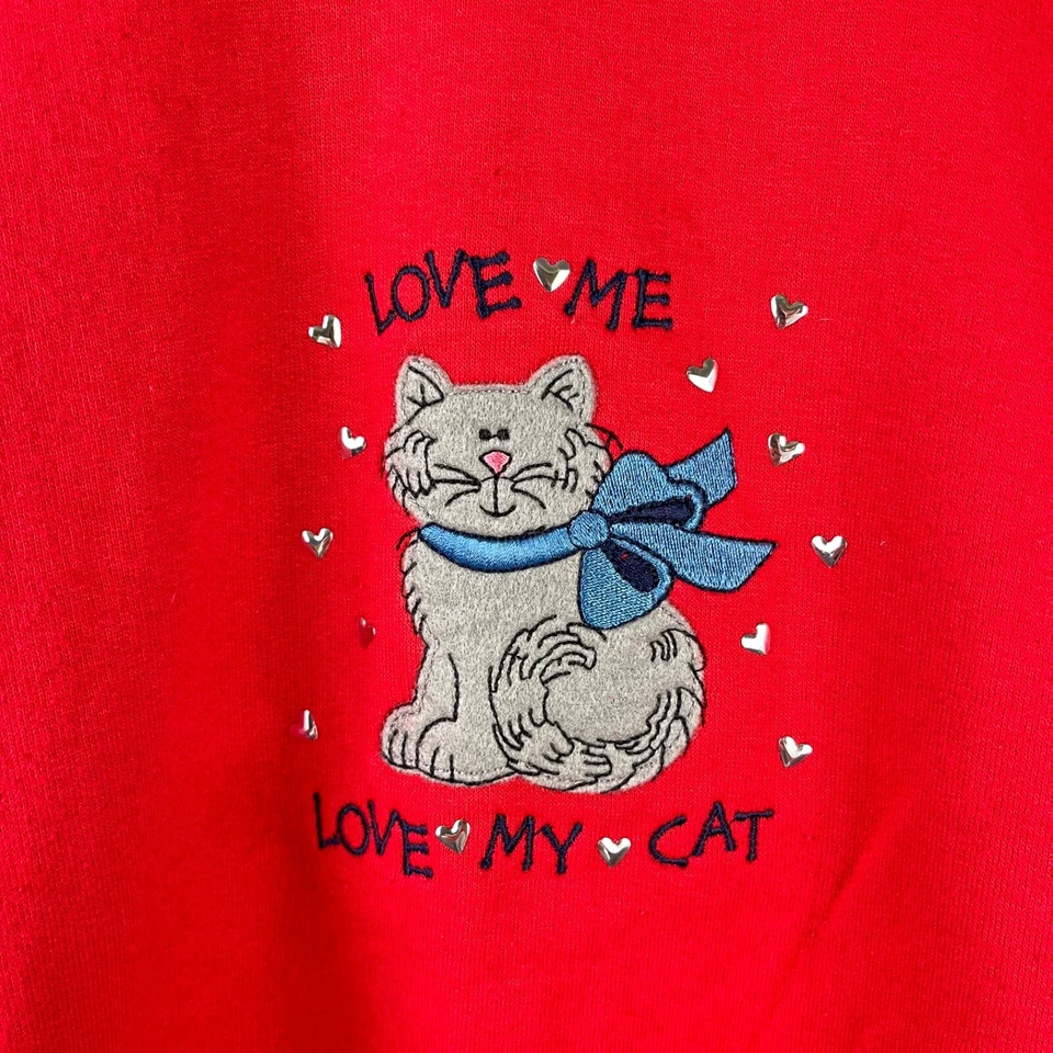 Sudadera De Colección Años 90 M&C Ropa Deportiva Cuello Redondo Mujer Grande Roja LOVE MY CAT Foto 3 de 4