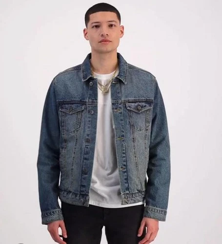 Lazer Men's Denim Cotton Long Sleeve Collared Trucker Jacket Size Small Blue  - product listing photo