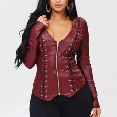 Faux Leather Lace Up Fitted Zip Up Long Sleeve Jacket Burgundy Red Juniors S