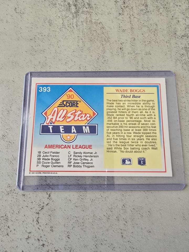 1991 Score All-Star #393 Wade Boggs Boston Red Sox – Illustrated All-Star... - Image 2 of 2