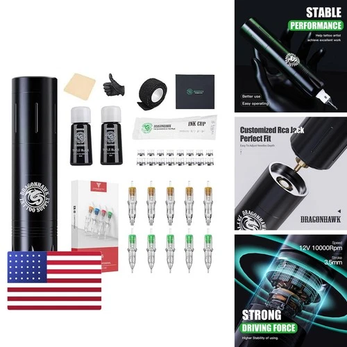 Dragonhawk X3 Pro Wireless Tattoo Machine, 10 Cartridges, RCA Jack Power Supply - product listing photo