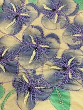 Vintage patchwork duvet full with embroidery purple flowers on beige Gingham