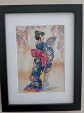 Framed Cross Stitch Of An Elegant Geisha