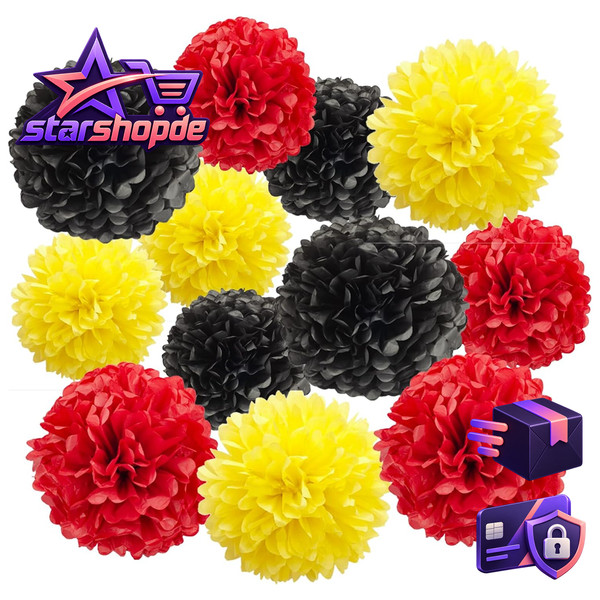 Seidenpapier Pompons 12 StüCk Rot Gelb Schwarz Party Deko Geburtstag Hochzeit-image