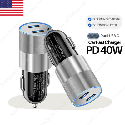 12V Dual USB C Car Fast Charger Plug 40W Type C Phone Adapter Cigarette Lighter