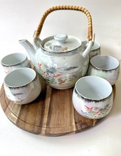 Asian Vintage Tea Set, 6 painted tea cups and tea pot with bamboo handle, unique