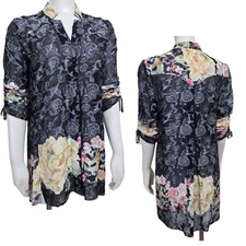 Citron Santa Monica Sz S Silk Burnout Floral 3/4 Sleeve Button Front Tunic Top