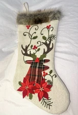 Rustic Deer Reindeer Christmas Stocking Cabin Faux Fur Embroidered Set Of 4