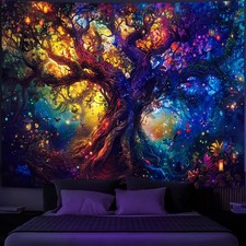 Blacklight Tree of Life Tapestry, Fantasy Forest Fairy Tapestry Nature UV Reacti
