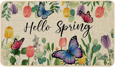 Hello Spring Door Mat Butterfly Floral Tulips Decorative Outdoor Mat Non Slip Ru