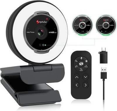 Angetube 60FPS 1080P Webcam mit Ringlicht - PC Kamera mit 5X Digitalzoom - PC