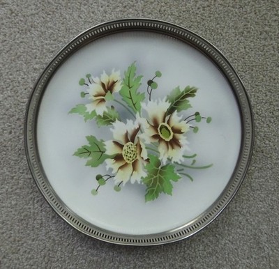 Vintage Runde 7'' Keramik & Versilbert Galerie Rand Teekanne Ständer oder Untersetzer
