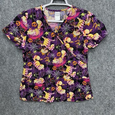 Disney Alice in Wonderland Cheshire Cat Uniform Women s V-Neck Scrub Top Size M