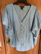 Karen Kane American Riviera Flutter Sleeve Linen Top Blue - Size 0X - NWT $158