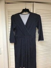 Talbots Size 10P Faux Wrap Dress Stretchy Nylon Navy/White 3/4 Sleeve, Frt Pleat