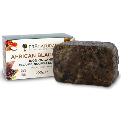 PraNatural Organic African Black Soap Face Body Anti-Ageing Shea Butter 200g Bar