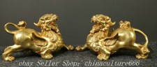 Coppia statuine truppe coraggiose drago feng shui dorato rame 9" vecchia dinastia