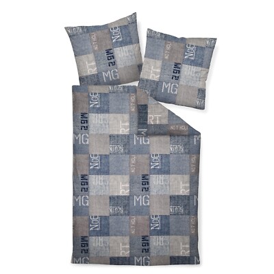 Janine Bettwäsche Davos 65046 02 Blau Grau Karo Kariert Patchwork Jeans Biber