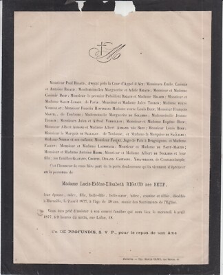 1877 Sterbeurkunde Frau Paul RIGAUD geboren Lucie-Hélène-Elisabeth BEUF Marseille