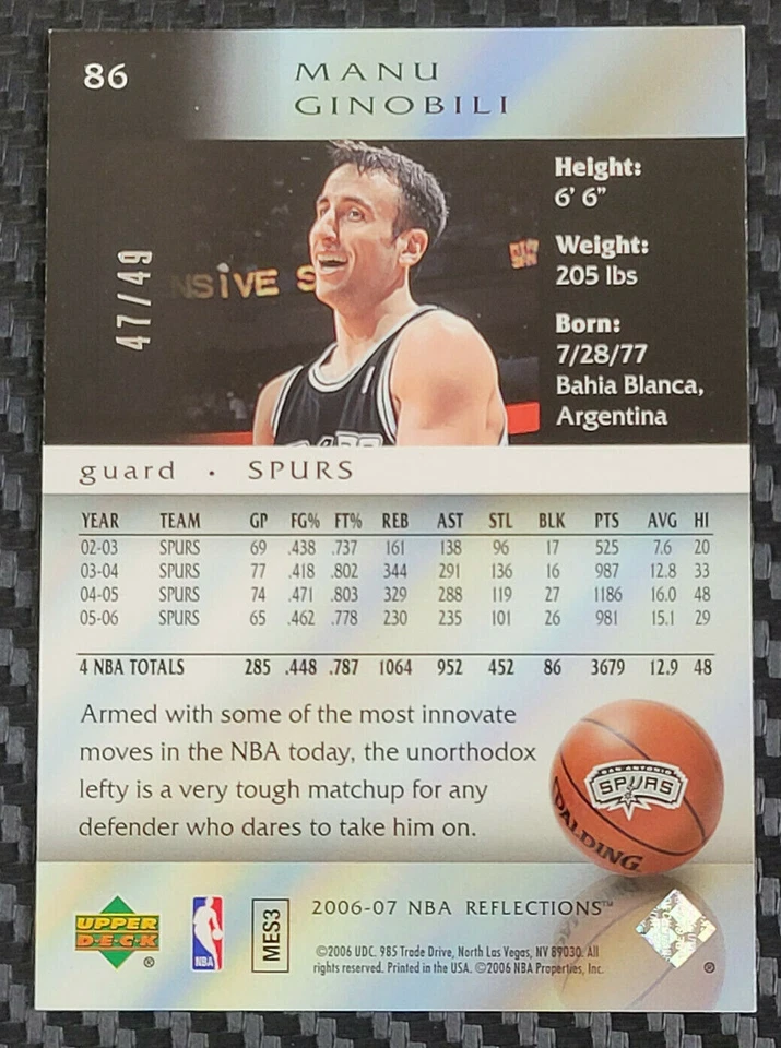 2006-07 UD REFLECTIONS MANU GINOBILI BLUE HOLOFOIL PARALLEL #D 47/49 - Image 2 of 2
