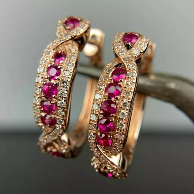 2.30Ct Lab Pink Ruby Round Huggie Hoop Earrings in 14K Rose Gold