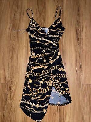 C.H.A.N.E.L  No.5  Inspired Chain Printed Mini Slit Dress Size-S