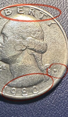 RARE 1980 QUARTER DOLLAR D FILLED MINT MARK ERROR COIN NECK
