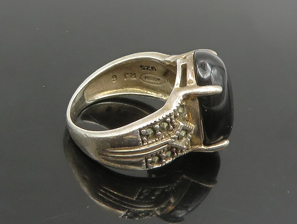 Anillo AVON 925 Plata Vintage Cabujón Negro Ónix y Marcasita Talla 6 RG24809 Foto 4 de 4