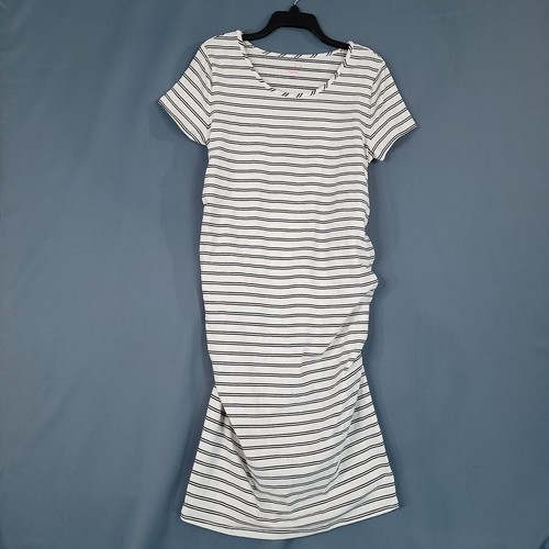 Isabel Maternity Dress Midi Short Sleeve Ruched Side White Black Stripe Size XL - Picture 1 of 8