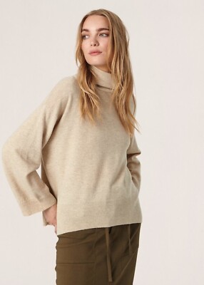 Soaked in Luxury Molina High Neck Sweater Turtleneck SOFT 100% Wool Beige Size M